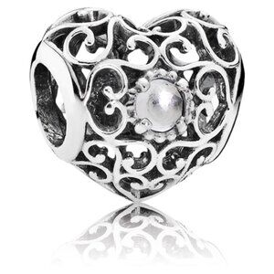 PANDORA April Signature Heart Charm - Rock Crystal Authentic Silver Birthstone